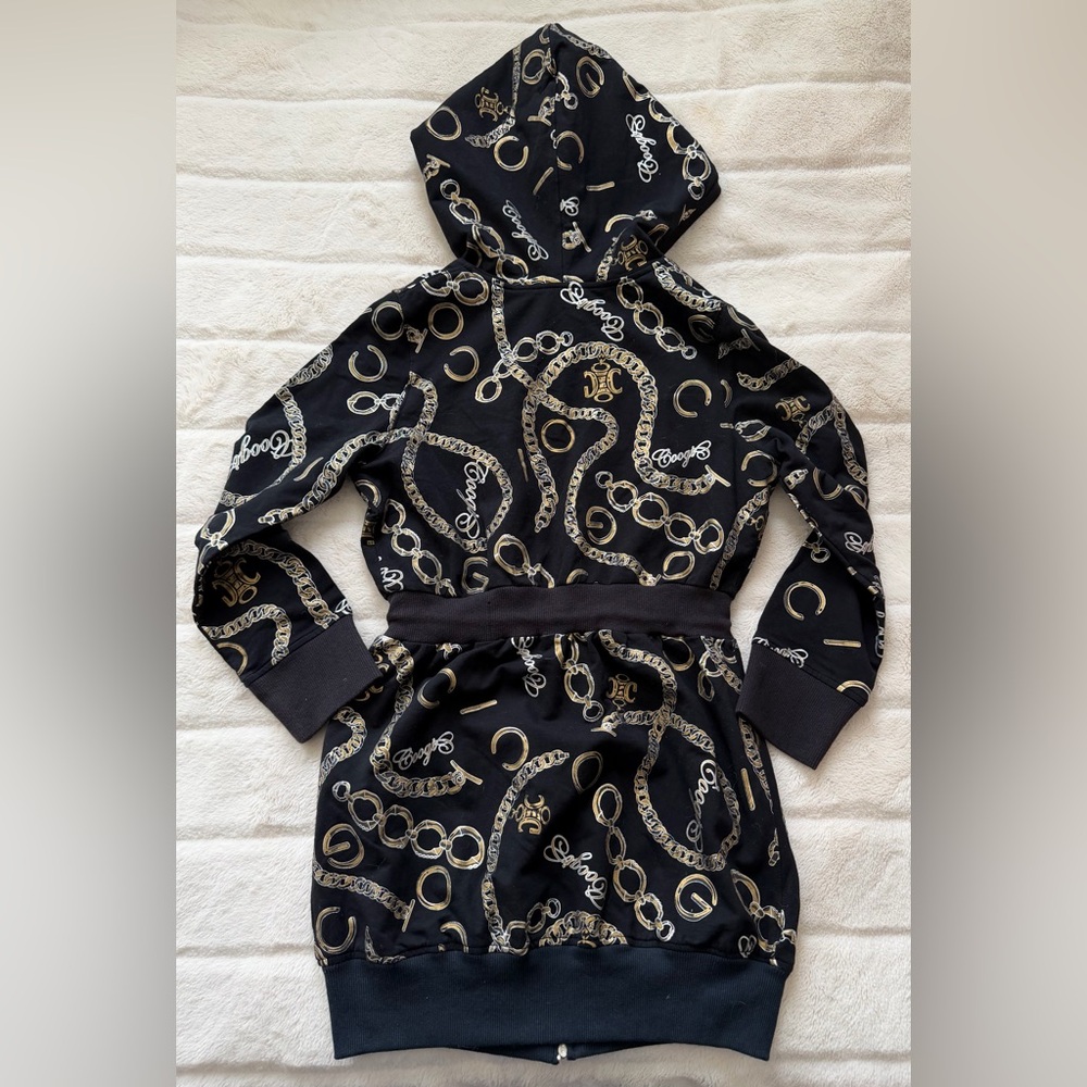 Coogi Zip Up Cinch Waist Hoodie Black Chain Print Size Large - Picture 2 of 7